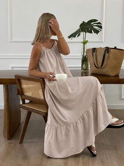 DAZY 女士纯色细肩带连衣裙，休闲度假，荷叶边