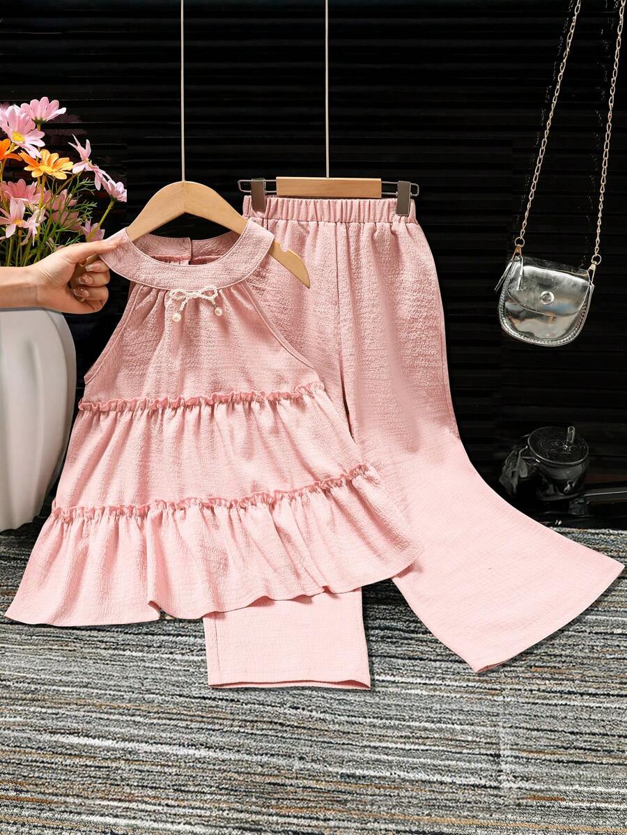 2pcs Young Girls Layered Cami Top & Casual Long Pants Set - Pink - View 1