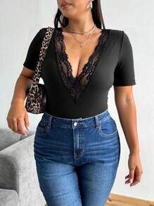 Flirla Plus Size Women Deep V-Neck Lace Patchwork Sexy Short Sleeve Black T-Shirt