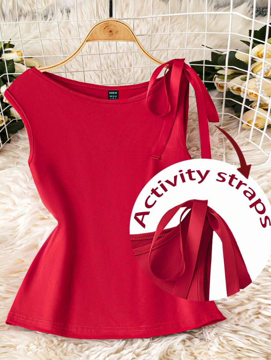 SHEIN Clasi 女士纯色圆领盖袖休闲领带 T 恤 - 紅色 - 查看 1