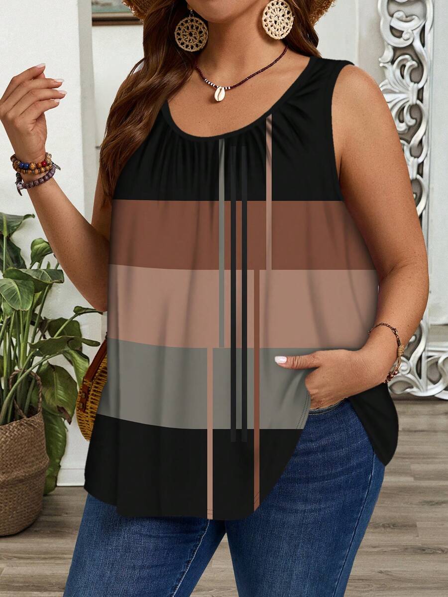 EMERY ROSE Plus Size Loose Wide Strap Ruched Tank Top, Suitable For Spring & Summer Suitable For Going Out,Vacation - Multicolor - View 1