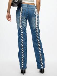 SUMWON WOMEN Lace-Up Back Straight Leg Jeans Y2K Fashion Statement Pants Corset Style Denim Autumn Winter Festival Street Style Pants
