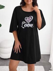 RueChic Women Plus Size Heart Printed Homewear Basic Sleep Dress - Black - View 1