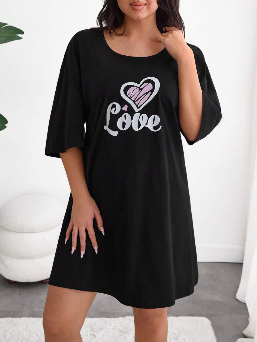 RueChic Women Plus Size Heart Printed Homewear Basic Sleep Dress - Black - View 1