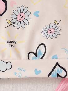 SHEIN Playful Pals 女婴花朵印花罗纹针织圆领运动衫和罗纹打底裤舒适时尚服装套装，秋冬 - 粉色 - 查看 7