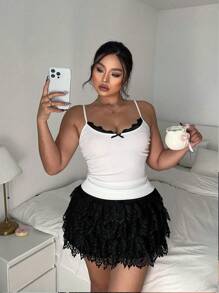 POPSWAY Plus Size Elegant Contrast Color Lace Trim Bow Decor Camisole - White - View 4