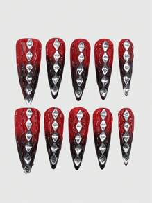 ROMWE Grunge Punk 10 móng giả màu đỏ và đen ombre được vẽ tay chất lượng cao + 3 tờ keo dán hai mặt, có thể tháo rời và tái sử dụng, hình dán móng tay đính đá mắt mèo, thích hợp cho các bữa tiệc, khiêu vũ và sử dụng hàng ngày. - Nhiều màu - Xem 1