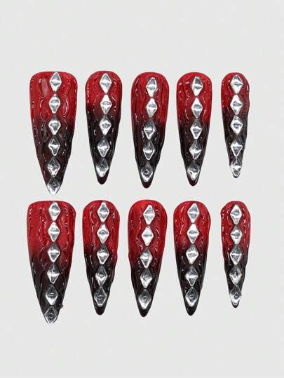 Grunge Punk 10 pièces de faux ongles de haute qualité dans les couleurs rouge et noir dégradé, peints à la main + 3 feuilles d'adhésif double face, amovibles et réutilisables, stickers d'ongles à design d'œil de chat en strass, convenant pour les fêtes, la danse et l'usage quotidien