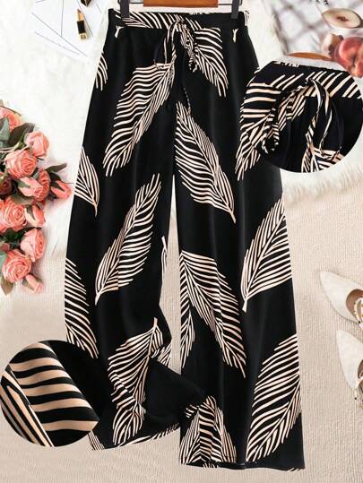 Linhara Pantalones informales de pierna ancha con estampado floral para mujeres de talla grande