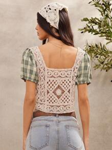 WESTFADE Western Mixed Media Faux Crochet & Plaid Spring Break Crop Top Summer Beach Vacation