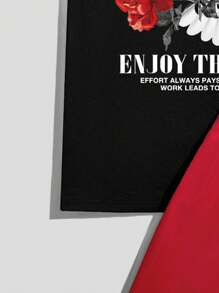 Manfinity EMRG Bộ 2 chiếc áo phông đen họa tiết hoa hồng đỏ và hòa bình phong cách đường phố và quần short đỏ, trang phục mùa hè thoải mái - Nhiều màu - Xem 3