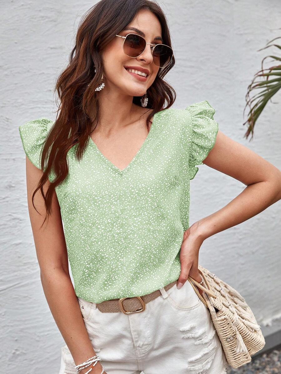 SHEIN Clasi Women's Casual Mint Green Floral Print V Neck Ruffle Cap Sleeve Blouse - Mint Green - View 1