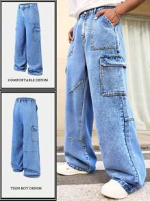 SHEIN Teen Boy Fashion Casual Color Contrast Stitch And Cargo Pocket Design Blue Denim Loose Straight Leg Boys Jeans For Dailywear And Boys Outfits Fall Clothes - Blue - View 3