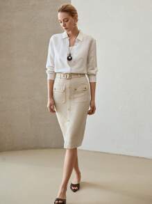 MOTF PREMIUM LINEN PENCIL SKIRT - Khaki - View 6