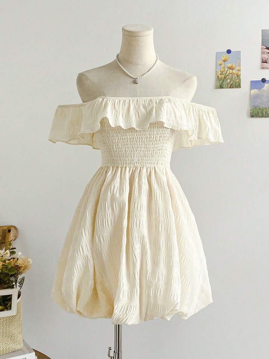 Soleia 女士度假海滩针织纹理露肩泡泡袖连衣裙，夏装，夏装，女士演唱会服装，女士沙滩裙，波西米亚风，女士早午餐服装，露肩，高腰，女士演唱会服装。女士毕业礼服，狂欢服装。圣帕特里克节服装