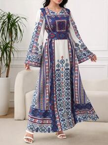 Al Najma U领复古印花喇叭袖摆裙，阿拉伯风格，春夏，端庄