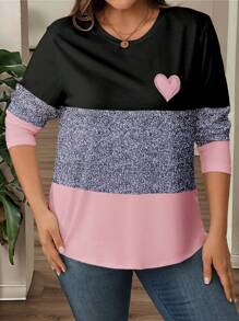 SHEIN LUNE Plus Size Women Colorblock Print Round Neck Long Sleeve Casual T-Shirt,Valentine Fall Cloth For Women