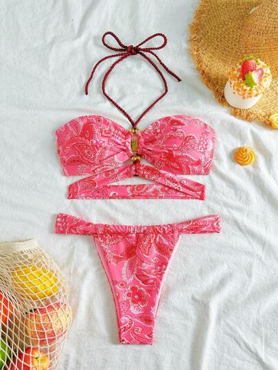 Soleia Conjunto de bikini sexy con estampado de cachemira y atar en el cuello para mujer