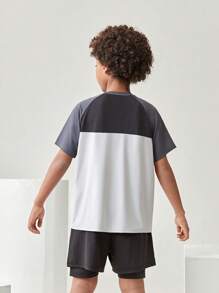 JNSQ Back To School Outdoor Sports Short Sleeve T-Shirt, Kids Crew Neck Patchwork Contrast Color Funny Print Professional Sports Tee - Multicolor - View 3