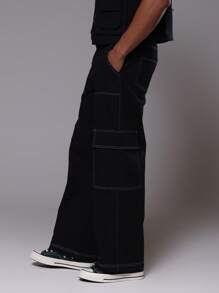 Musero Pantalones rectos de utilidad con pespunte de contraste para hombres - Negro - Ver 3