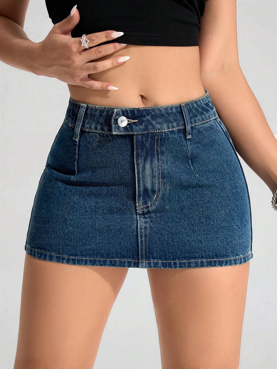 SHEIN PETITE 女士休闲百搭牛仔迷你裙 - 深色水洗藍 - 查看 1