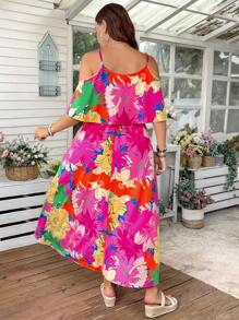 SHEIN LUNE Vestido holgado de talla grande con estampado floral vibrante, atuendos de primavera románticos, atuendos de verano para mujeres, atuendos para brunch, atuendos para el Día de la Madre, atuendos para la iglesia para mujeres - Multicolor - Ver 5