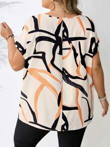 SHEIN CURVE+ Plus Size Women's Casual Striped Geometric Pattern Loose Round Neck Plus Size Shirt, Suitable For Spring And Summer Wear