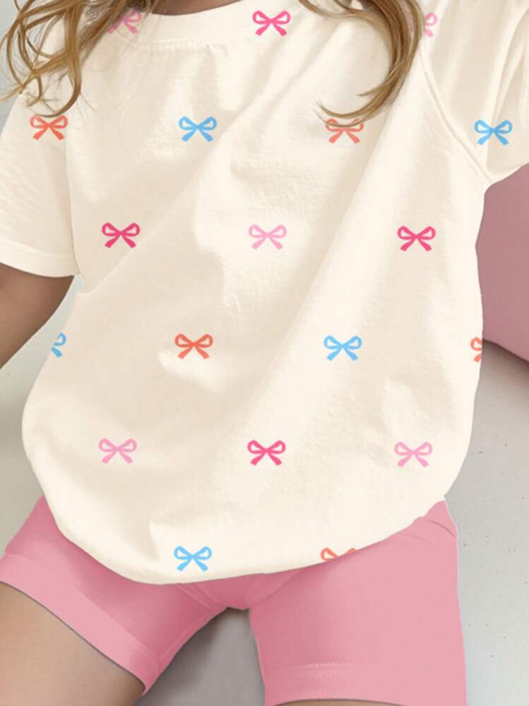 SHEIN 2 יחידות נערה צעירה מזדמנת רופף עם שרוול קצר חולצת טריקו ומכנסיים קצרים סט לקיץ - ריבוי צבעים - ראה 3