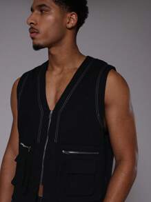 Musero Contrast Stitch Zip Pockets Sleeveless Utility Vest Only - Black - View 3