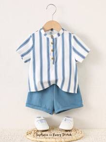 Cozy Pixies 2pcs Baby Boy Set: Colorful Striped Collar Short Sleeve Shirt & Solid Color Elastic Waist Shorts