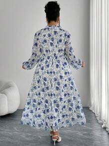 Modelyn Elegant Random Floral Print Chiffon Ruffled Collar Plus Size Women Dress - Blue - View 2