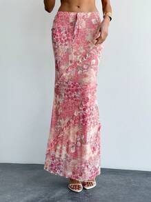 Aloruh Women'sElegant Patchwork Floral Print Maxi Mermaid Skirt Summer Summer Outfits Summer Clothes Beach Outfits For Woman  Beach Vacation Vacation Outfits Woman Boho  Tropical Vacation Woman Clothe Floral Ruffle Dresses For Women Summer - Baby Pink - View 1