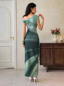 EastFlair Women's Tie-Dye Print Asymmetrical Collar Elegant Long Dress Chinese Style Patterns