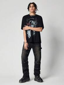 ROMWE MEN Street Life Quần Jeans Denim Trang Trí Đinh Tán Ôm Vừa Vặn Cho Nam - Xám - Xem 2