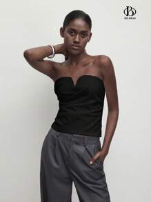 BizChic 女士纯色褶皱无袖吊带背心，优雅浪漫休闲日常穿着，简约时尚基本款商务休闲衬衫，Y2K 街头潮流 - 黑色 - 查看 4