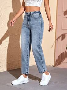 SHEIN PETITE Women's Straight Leg Casual Pocket Jeans - Medium Wash - View 4