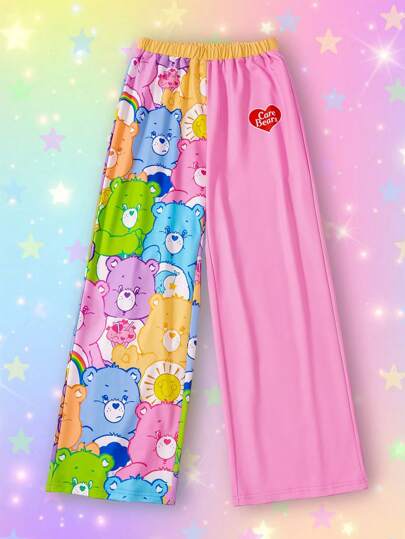 SHEIN X Care Bears Women Pink Cute Casual Tenderheart Bear, Cheer Bear, Funshine Bear, Love-A-Lot Bear, Share Bear, Stare, Care A Lot, Bear, Friend Bear, Bedtime Bear Print Loose Trousers, For Concert, Spring And Summer