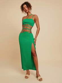 Travachic 2pcs Women Solid Color Cross Tie Blouse & Skirt Set,Vacation Outfits Woman,Sundresses For Vacation,Beach Vacation Outfits,Tropical Vacation Woman Clothes,Summer Outfits For Women,Sundress,Everyday,Backless,Women,Suitable For Party, Date, Afternoon Tea, Summer Outfit, Beach Vacation, Music Festival,Boho Chic,Green 2pcs - Green - View 4