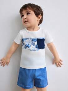 2pcs/Set Baby Boys Leaf Print Letter Pocket Round Neck Short Sleeve T-Shirt + Elastic Waist Blue Loose Sports Shorts Casual Outfit, Fashion Versatile Summer Sportswear