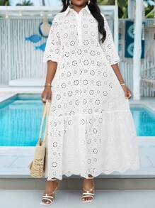 SHEIN Lady Plus Size Casual Solid Color Hollow Out Embroidery Dress - White - View 5