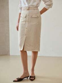 MOTF PREMIUM LINEN PENCIL SKIRT - Khaki - View 4