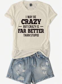 INAWLY 夏季休闲女式标语印花 T 恤 - 杏色 - 查看 3