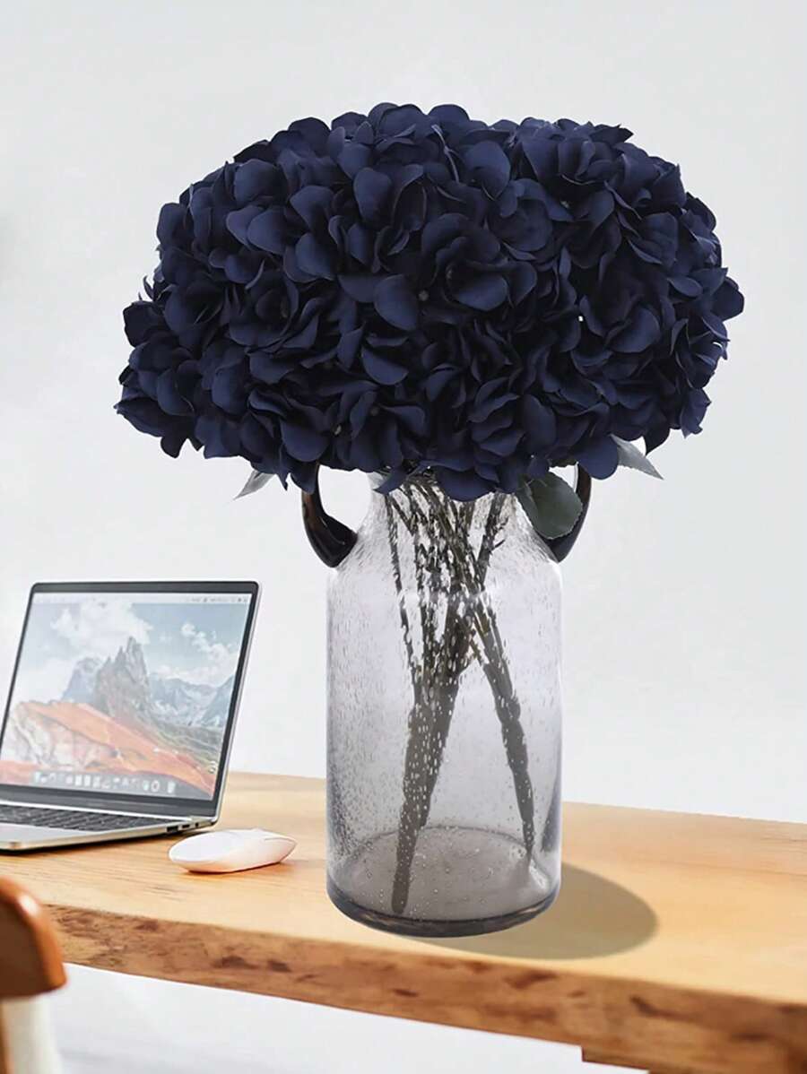 SHEIN 一束 5 朵海军蓝丝绸绣球花人造花头，适用于婚礼花束、家居和花园装饰、DIY 餐桌摆饰、情人节、礼物