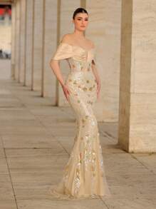 Glamrae Luxurious Off Shoulder Ruched Satin Long Dress With Beads & Sequin Embellishment, Mermaid Silhouette With Train, Suitable For Wedding, Party, Club, Vacation, Formal Occasions, Wedding Guest Dress, Evening Dress - Burnt Orange - View 3