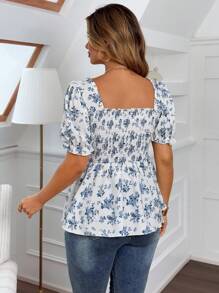 Flirla Plus Size Short Sleeve Square Collar Casual Shirt, Suitable For Summer - Blue and White - View 2
