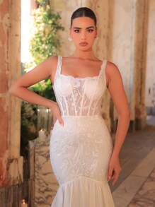 Glamrae 优雅奢华刺绣亮片系带缎面美人鱼裙，配有可拆卸大蝴蝶结拖尾，适合婚礼、派对、舞会、度假、婚纱、新娘 - 米色 - 查看 5