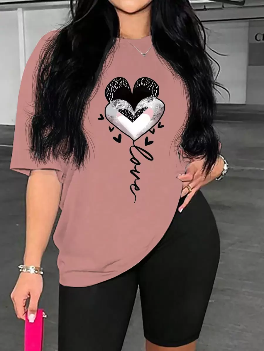 SHEIN Áo thun tay ngắn in họa tiết Pardon thời trang mới cho nữ - Hồng - Xem 1