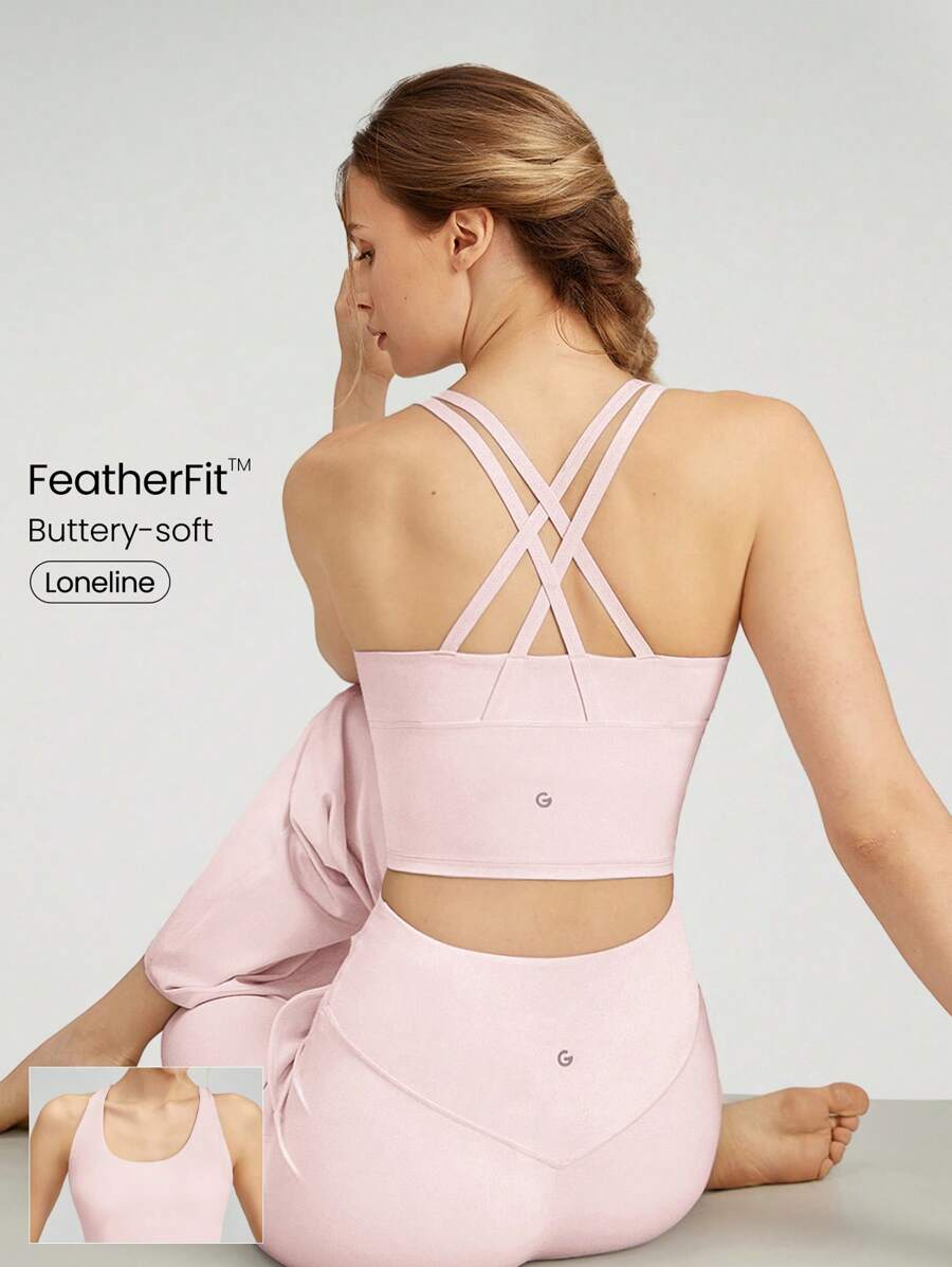 GLOWMODE FeatherFit™ Longline Crossover Strap Sports Bra Light Support Yoga Studio Gym Daily Fall Winter - Baby Pink - View 1