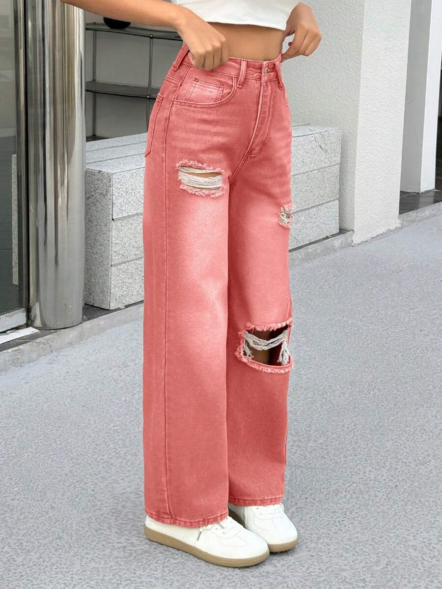 SHEIN PETITE 女式宽松破洞口袋阔腿休闲百搭牛仔裤 - 紅色 - 查看 1
