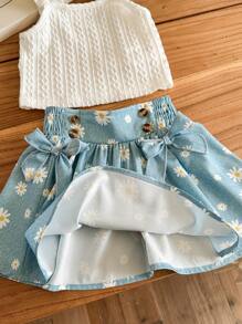 SHEIN LMoss Kids Babygirl 花卉印花白色吊带背心和迷你裙套装，夏季 - 紫色 - 查看 6